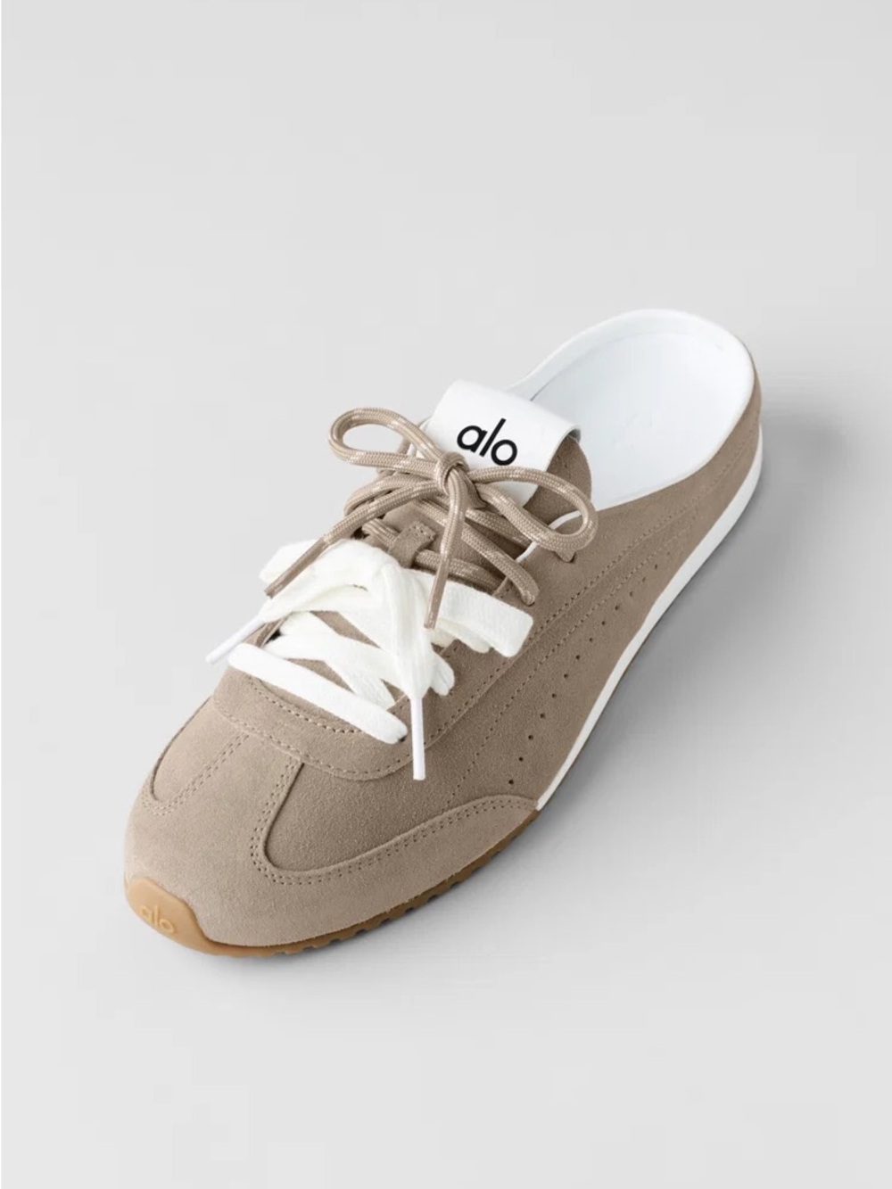 ALO Yoga Beige Suede Lace-Up Sneaker Mule with White Accents